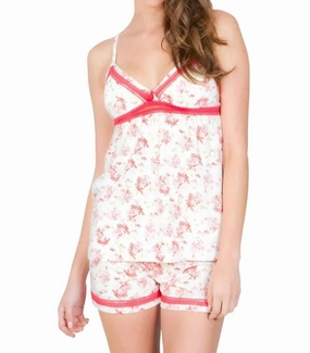 Elizabeth Spaghetti Strap Camisole Boxer Pajama Set In Red Hydrangeas Odor Resistant Tech Non Binding Necklines