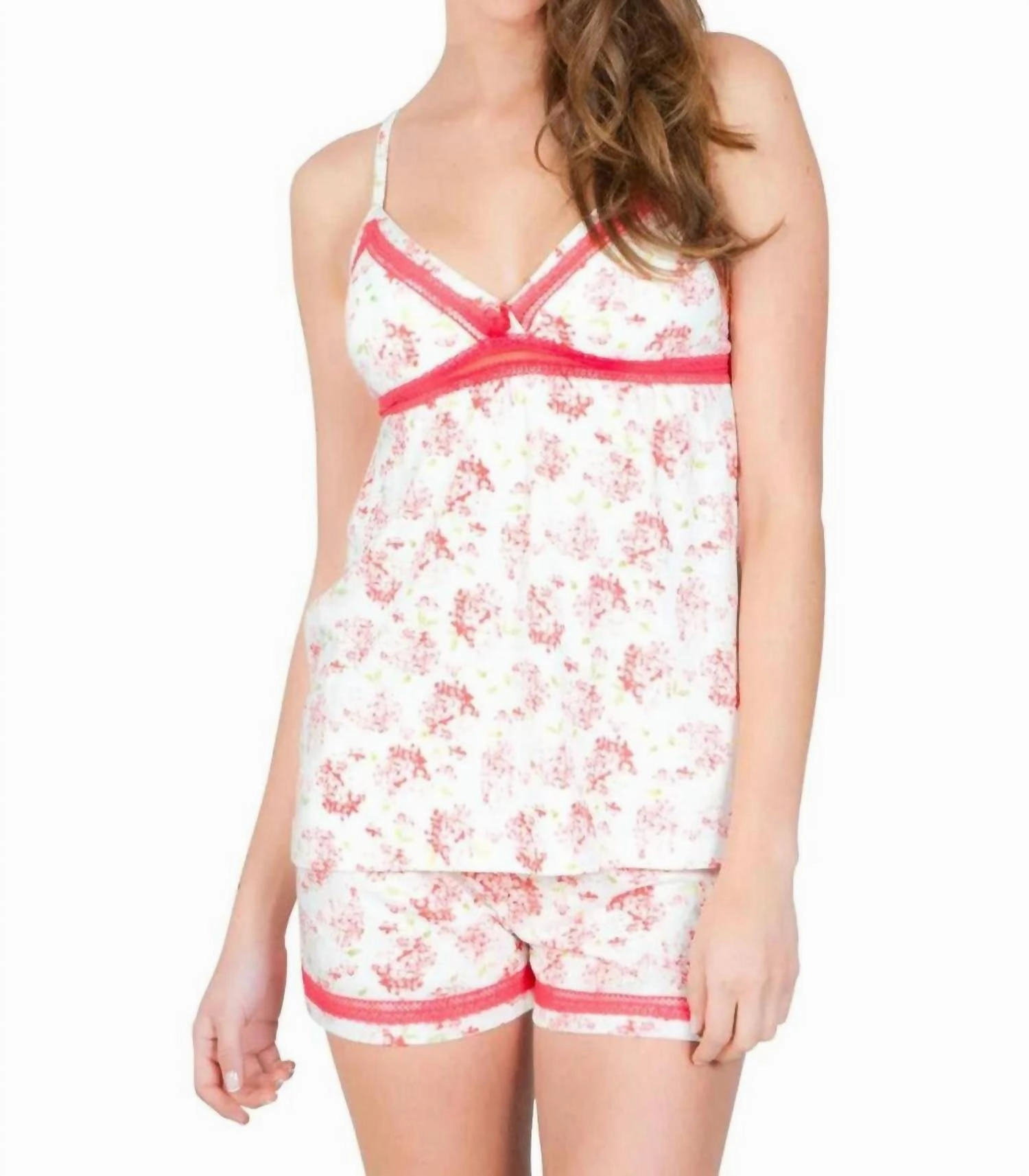 Elizabeth Spaghetti Strap Camisole Boxer Pajama Set In Red Hydrangeas Plush Lining Odor Control Treatment