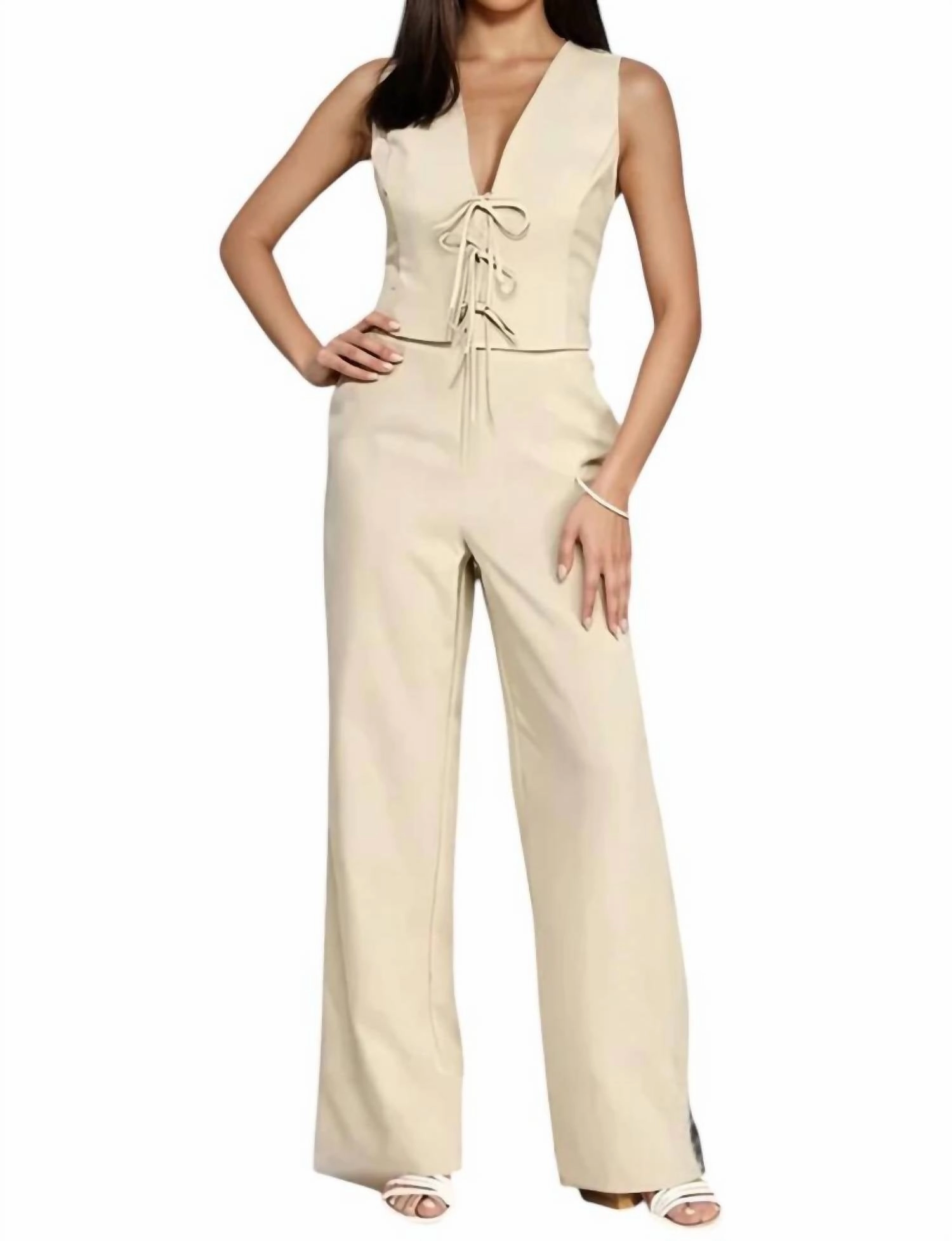 wrinkle free finish Emma Bow Detail Vest & Pant Set In Taupe
