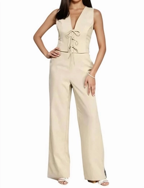 Emma Bow Detail Vest & Pant Set In Taupe Adaptive Body Contouring High Elasticity Fabric