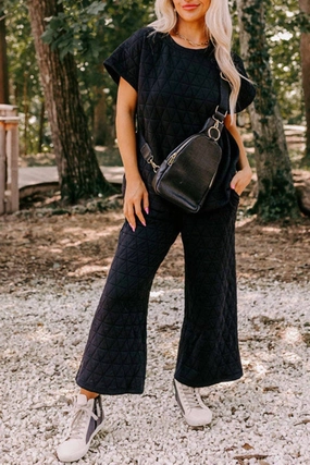 Split hem Plush Lining Emory Quilted Wide Leg Pants Set In Black