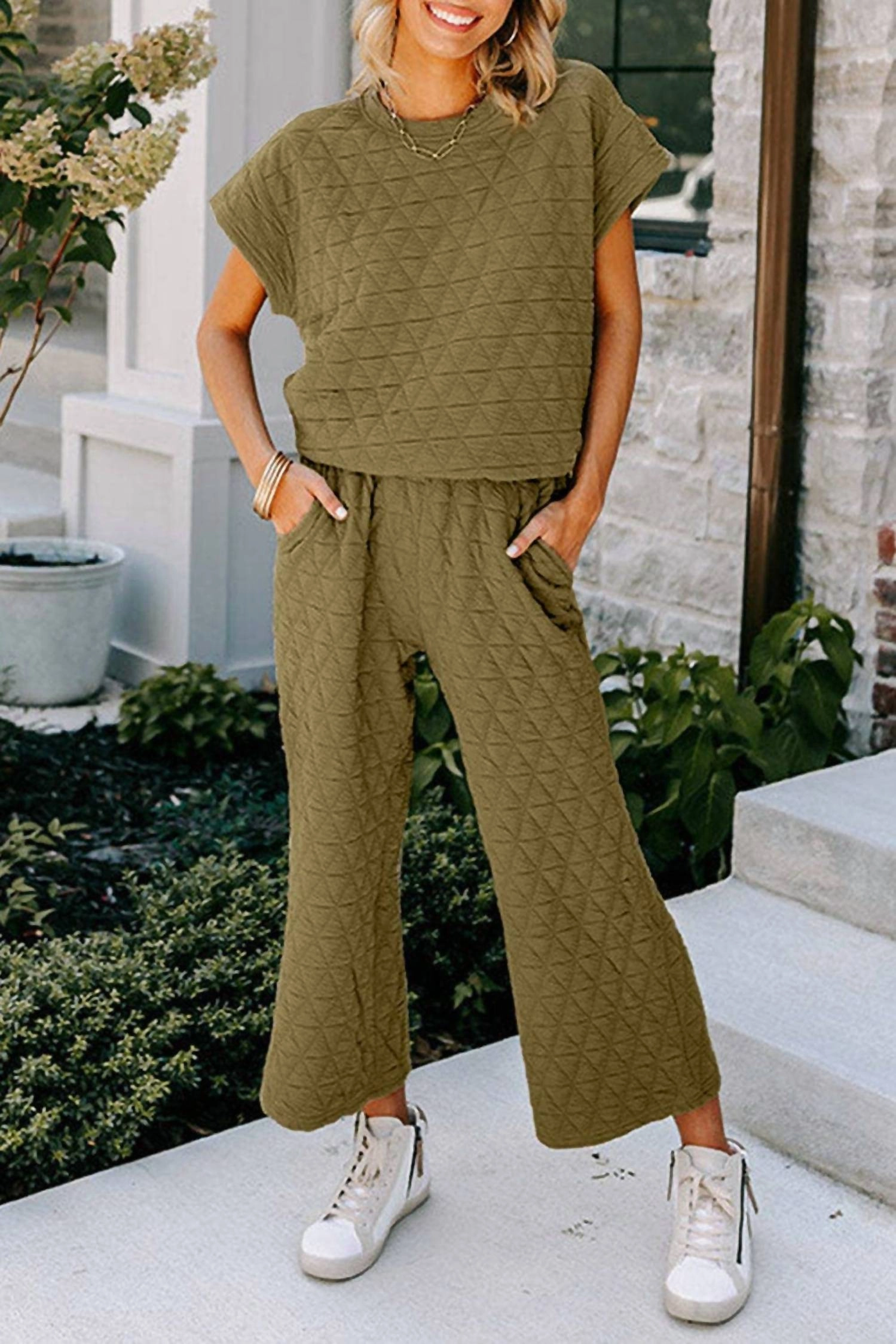 Ribbed Collar Design Emory Quilted Wide Leg Pants Set In Sage Green