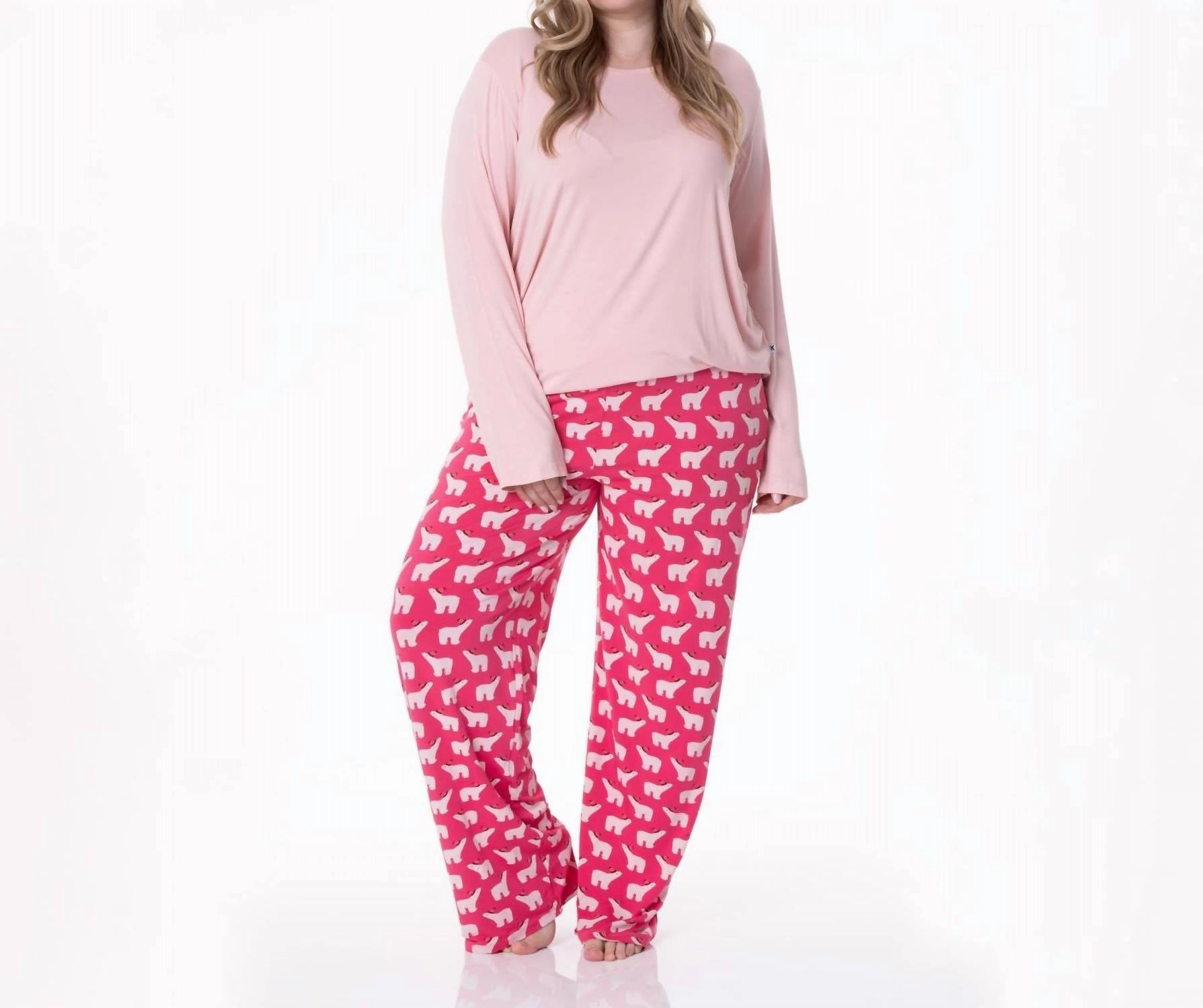 Zipper Free Design Long Sleeve Tee & Pajama Pants Set In Winter Rose Polar Bears