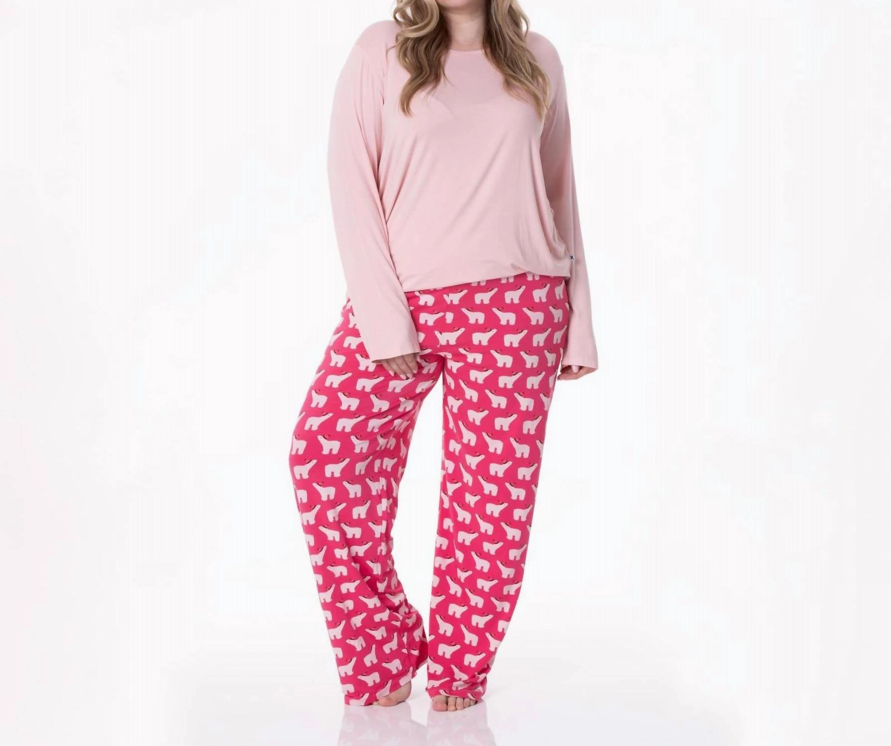 Long Sleeve Tee & Pajama Pants Set In Winter Rose Polar Bears Brushed Fleece Adjustable Drawstrings