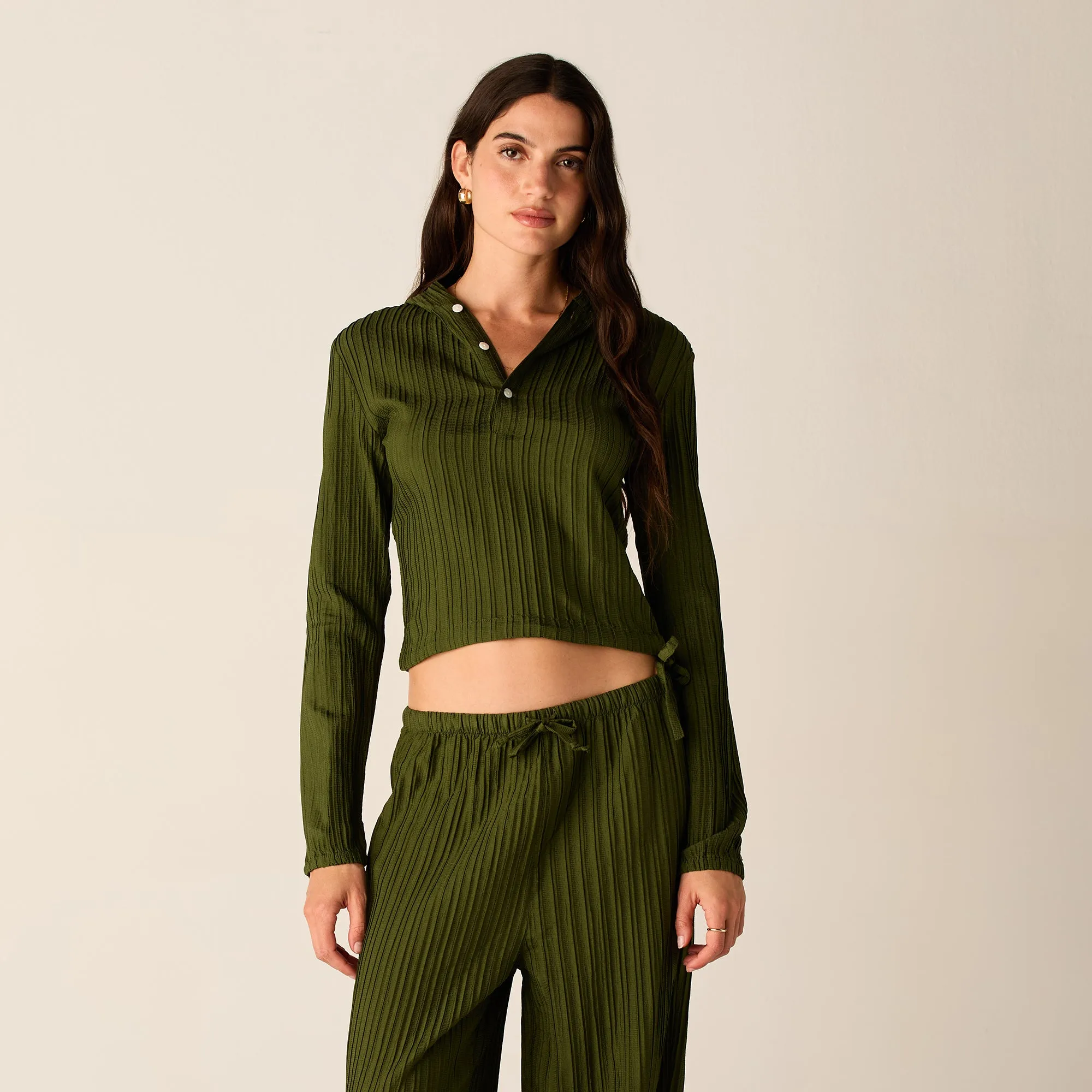 Kith Women Umi Plisse Drawstring Hoodie - Kelp camping suitable