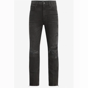 Modern Youth Style Party Look Men's Walker Ripped Kicked Flare Bootcut Jeans In Destructed Black