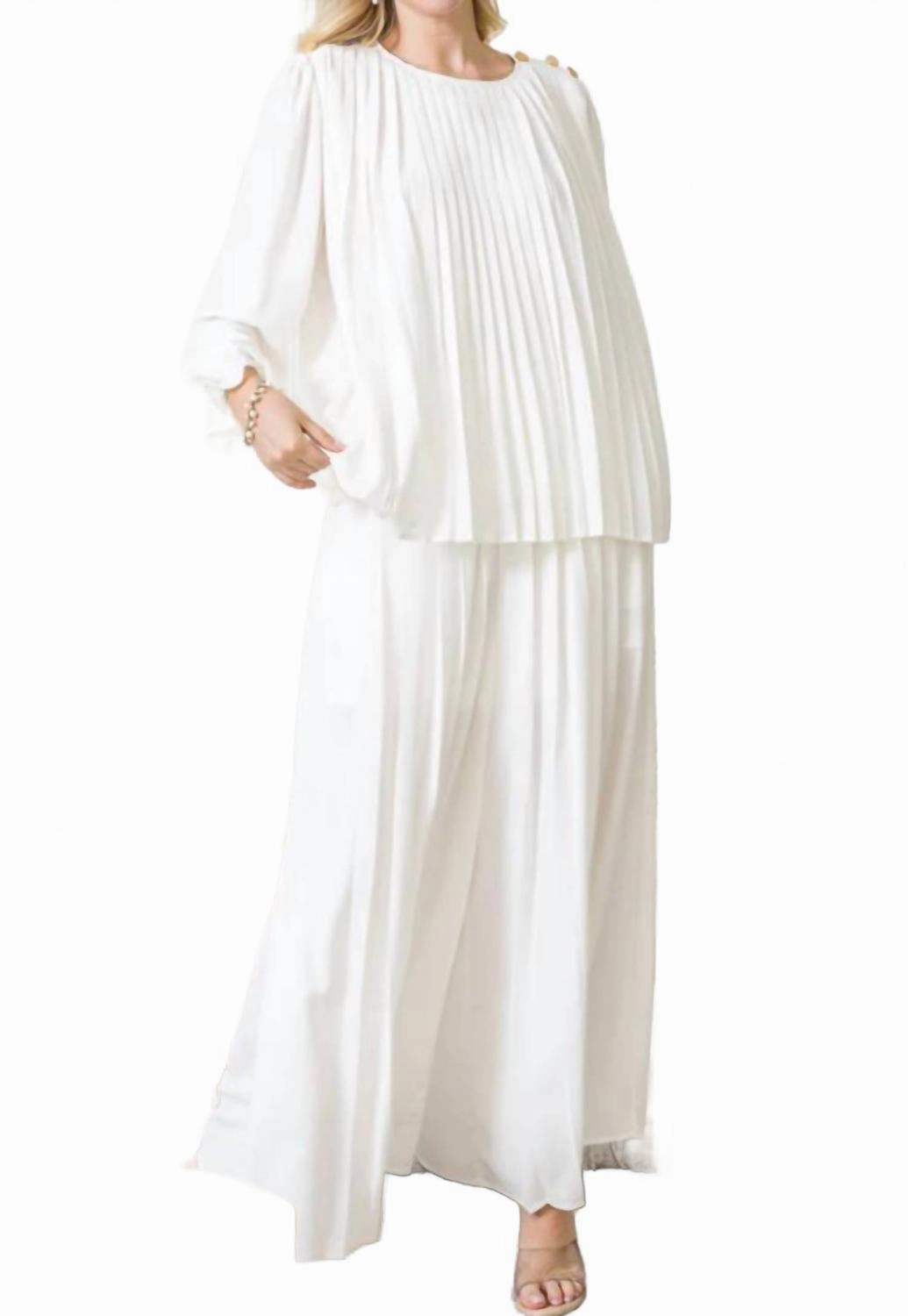 Crew Neckline Comfort waistband Jackie Pleated 2 Piece Pant Set In White