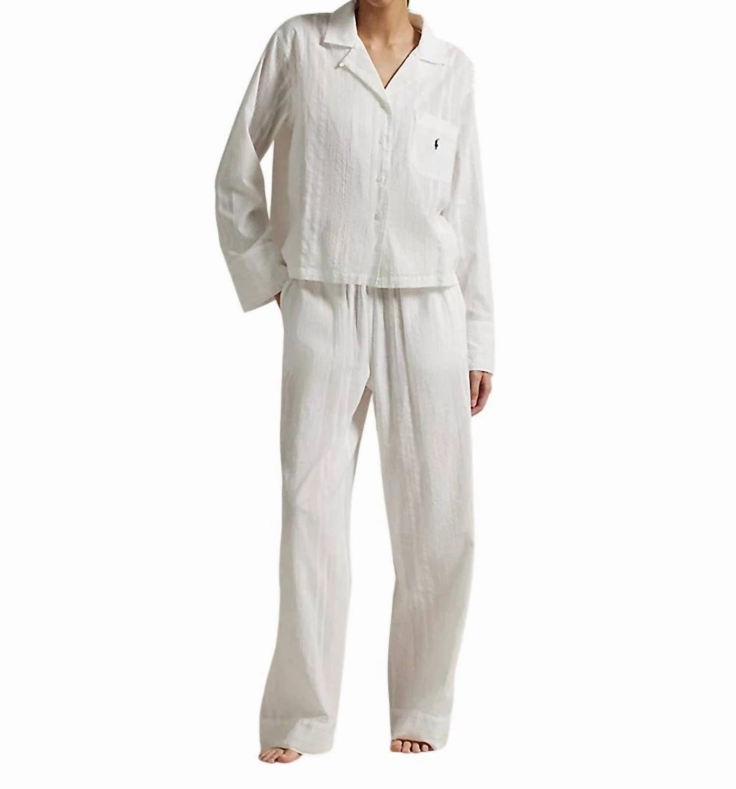 Tencel Blend Striped Poplin Shirt & Pant Pj Set In White Cloud