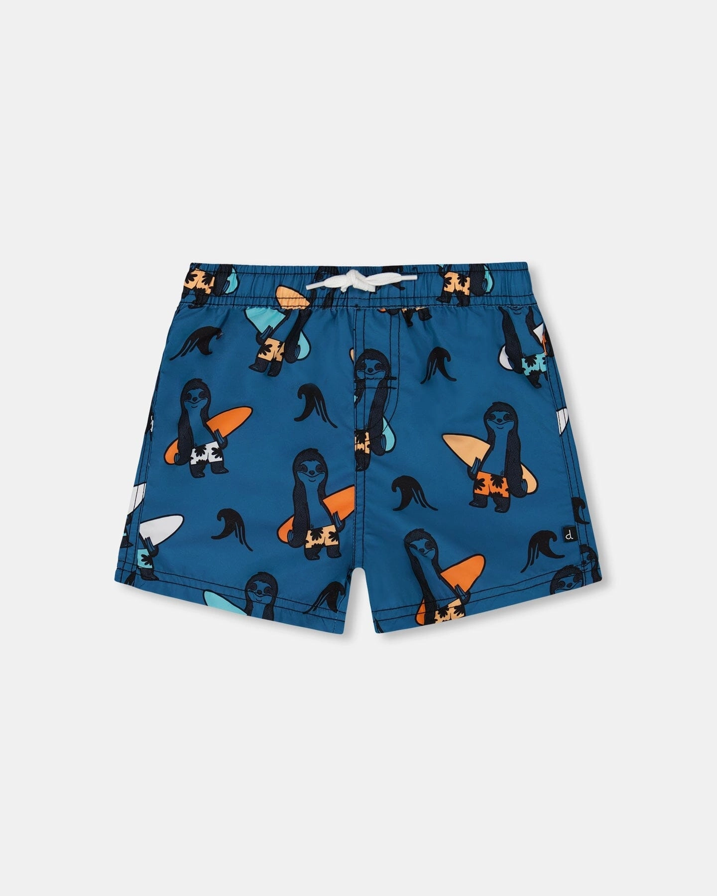 Warm-Hue Printed Swim Trunks Orange Sloths On Navy Blue