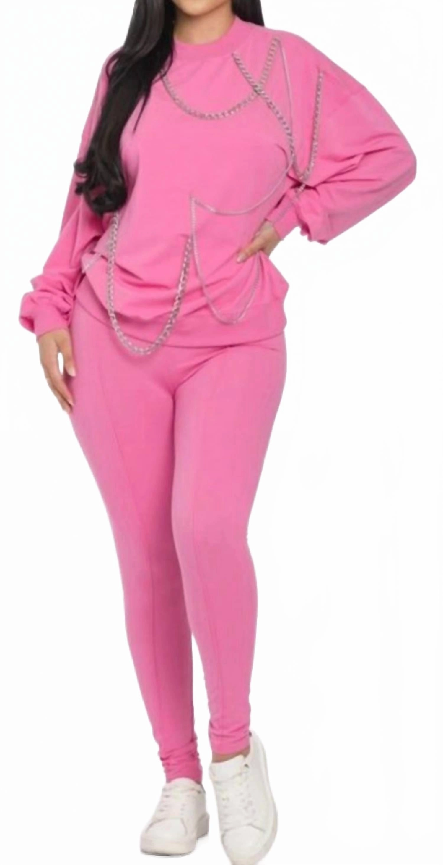Chain Reaction Pant Set In Pink Layered Texture Stretch Knit Material