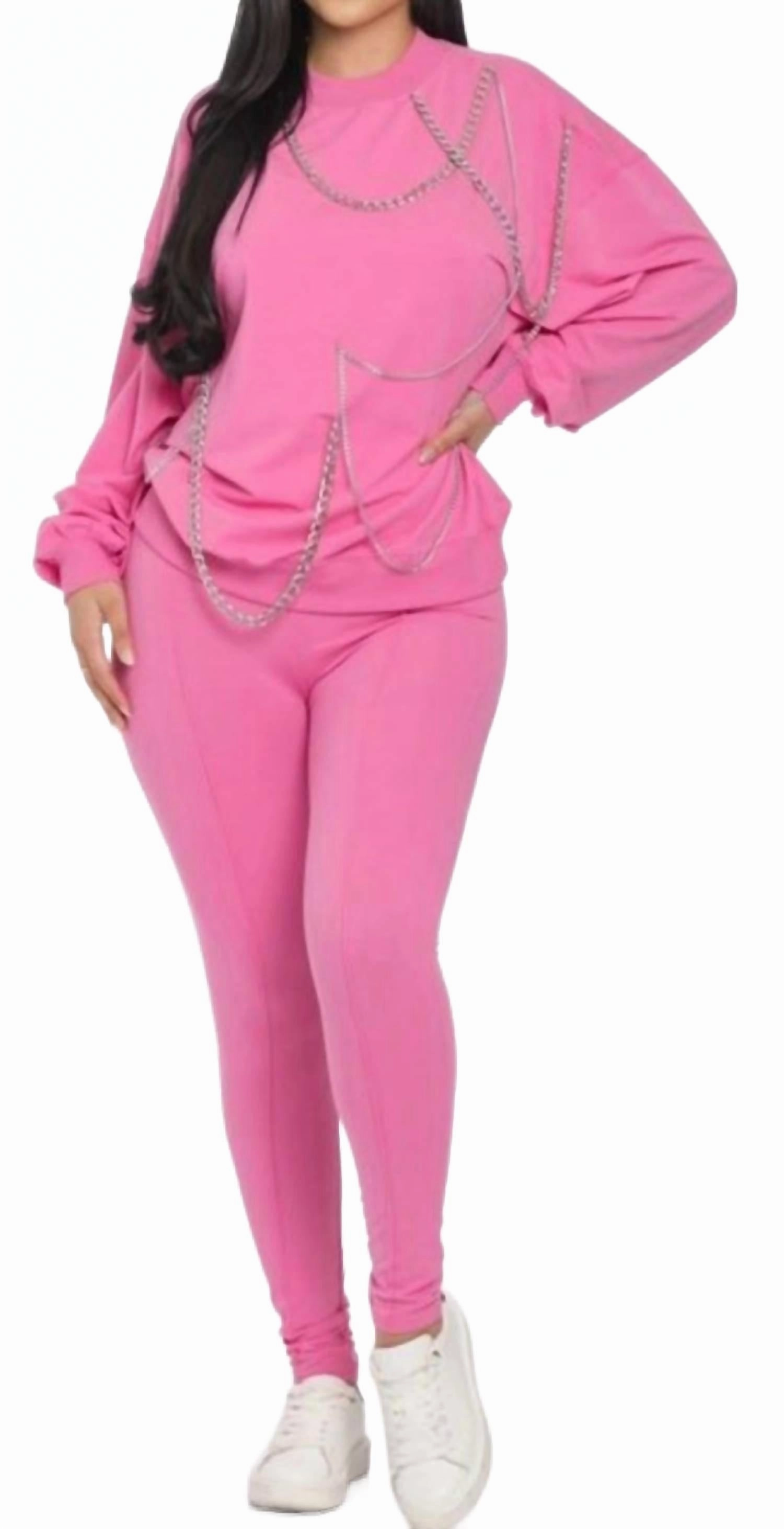 Chain Reaction Pant Set In Pink elastic waistband Drop Shoulder Design