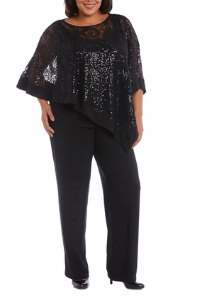 Ribbed Cuff Ankles Sequined Lace Poncho 2-Piece Pants Set In Black