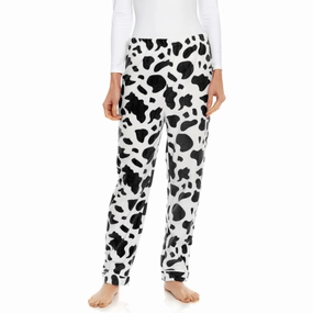 Plush Terry Cloth FourWay Stretch Womens Fleece Pajama Pants Cow Black