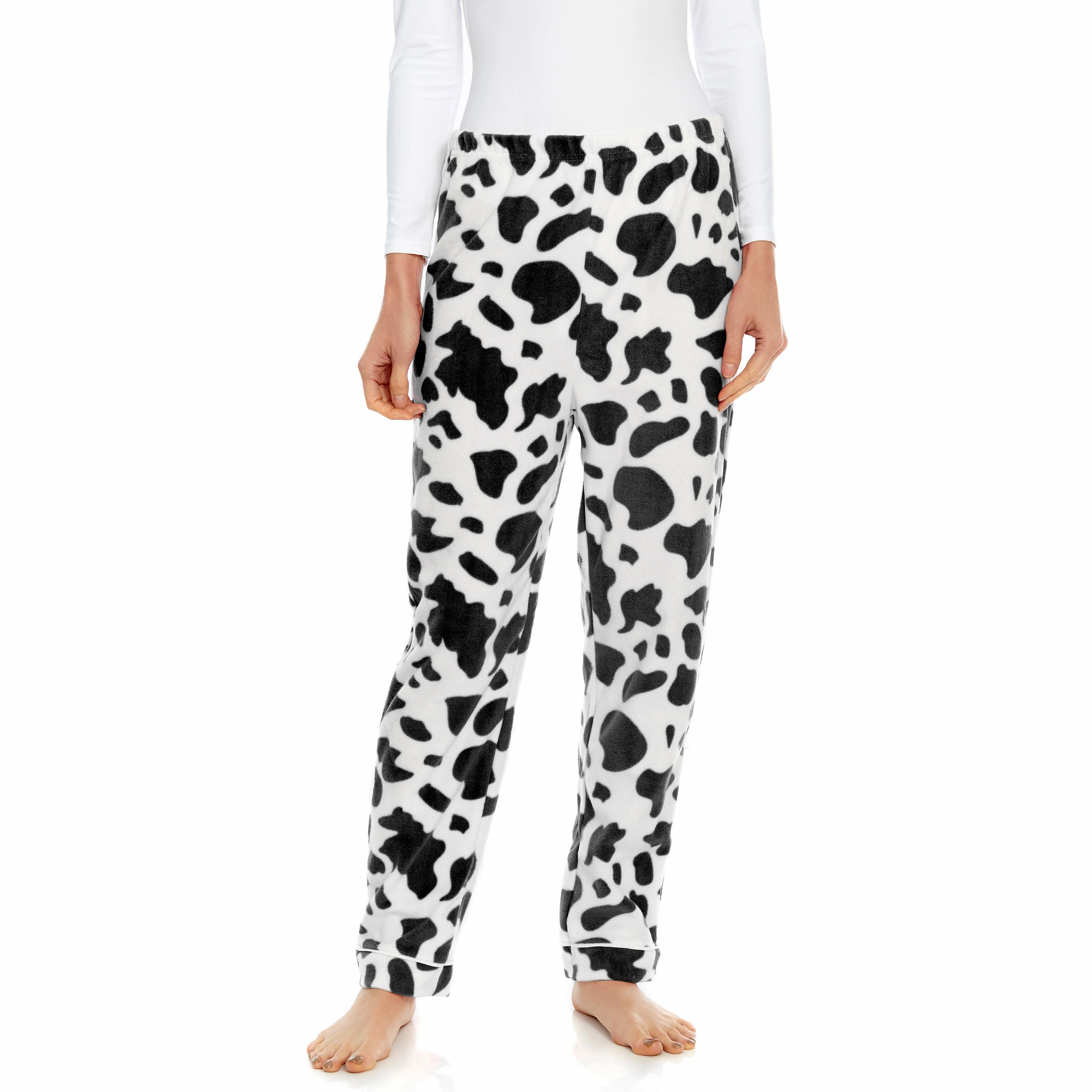 Plush Terry Cloth FourWay Stretch Womens Fleece Pajama Pants Cow Black