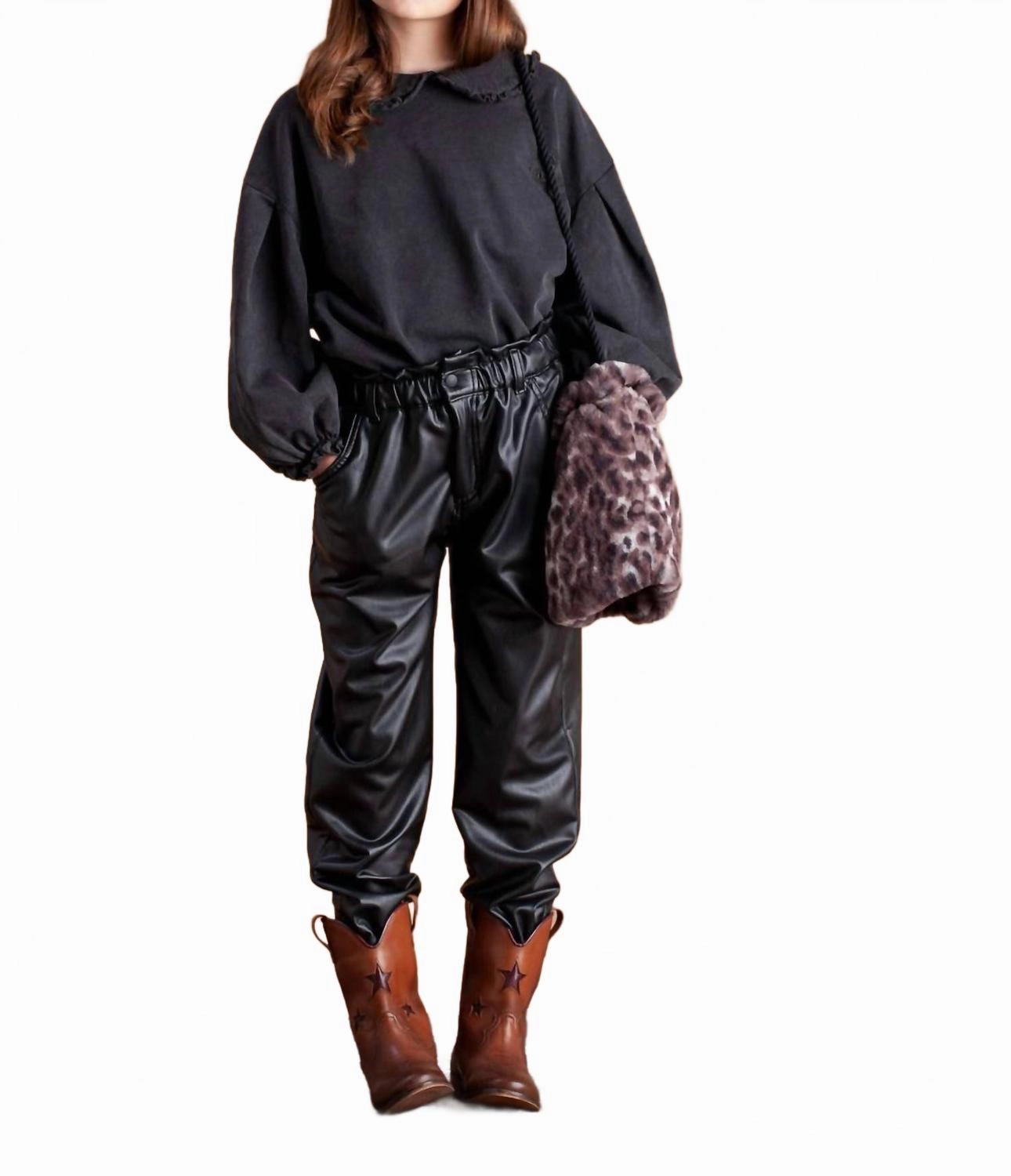 Comfy Look Trendy Waist Sintetic Leather Pants In Black