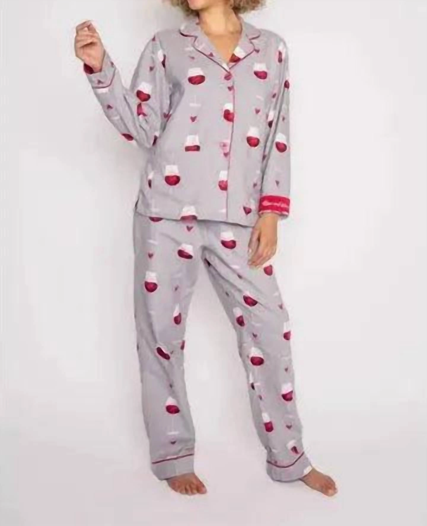 Flannel Pajama Set In Wine Wide Leg Opening Design