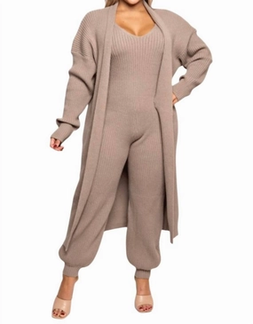 Soft touch finish Katrina Sweater Jumpsuit And Duster Set Plus In Khaki