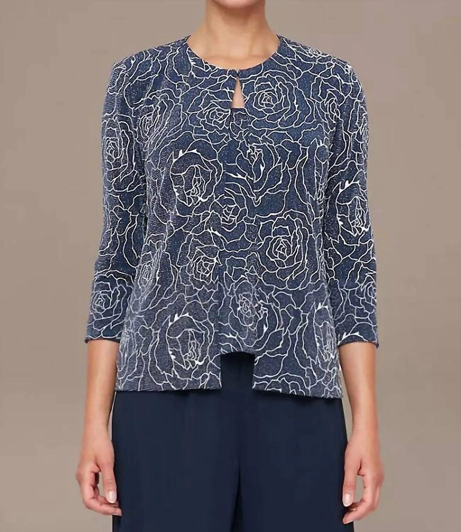 Stretch Knit Metallic Two-Piece Set In Navy Drop Shoulder Cut