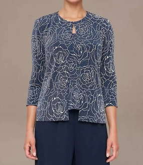 Stretch Knit Metallic Two-Piece Set In Navy Drop Shoulder Cut