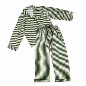 Women's Long Sleeve Stripe Pj Set In Green Adjustable Drawcord
