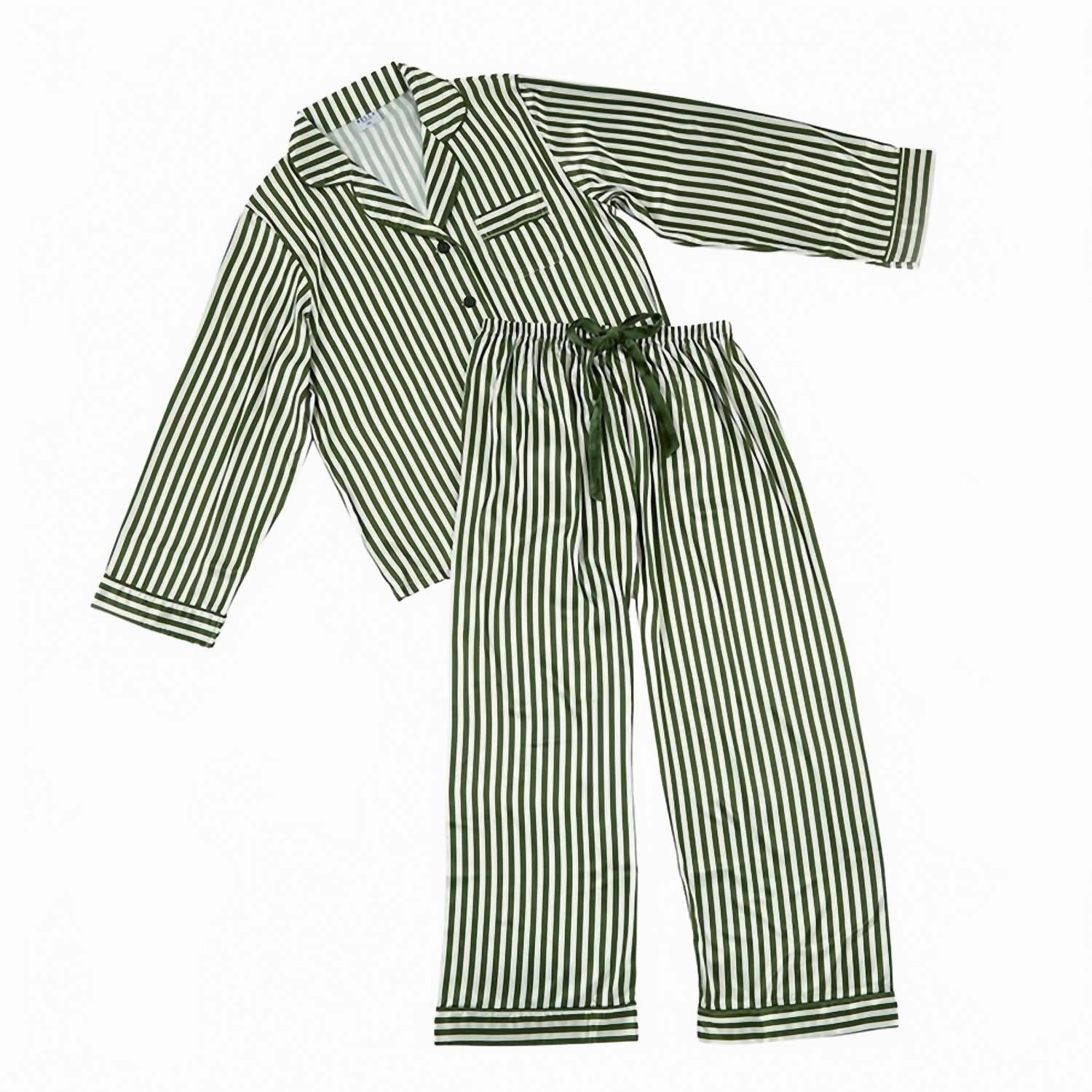 Women's Long Sleeve Stripe Pj Set In Green Adjustable Drawcord