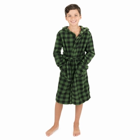 Christmas Kids Fleece Hooded Robe Plaid Tag Free Labeling Zipper Free Design