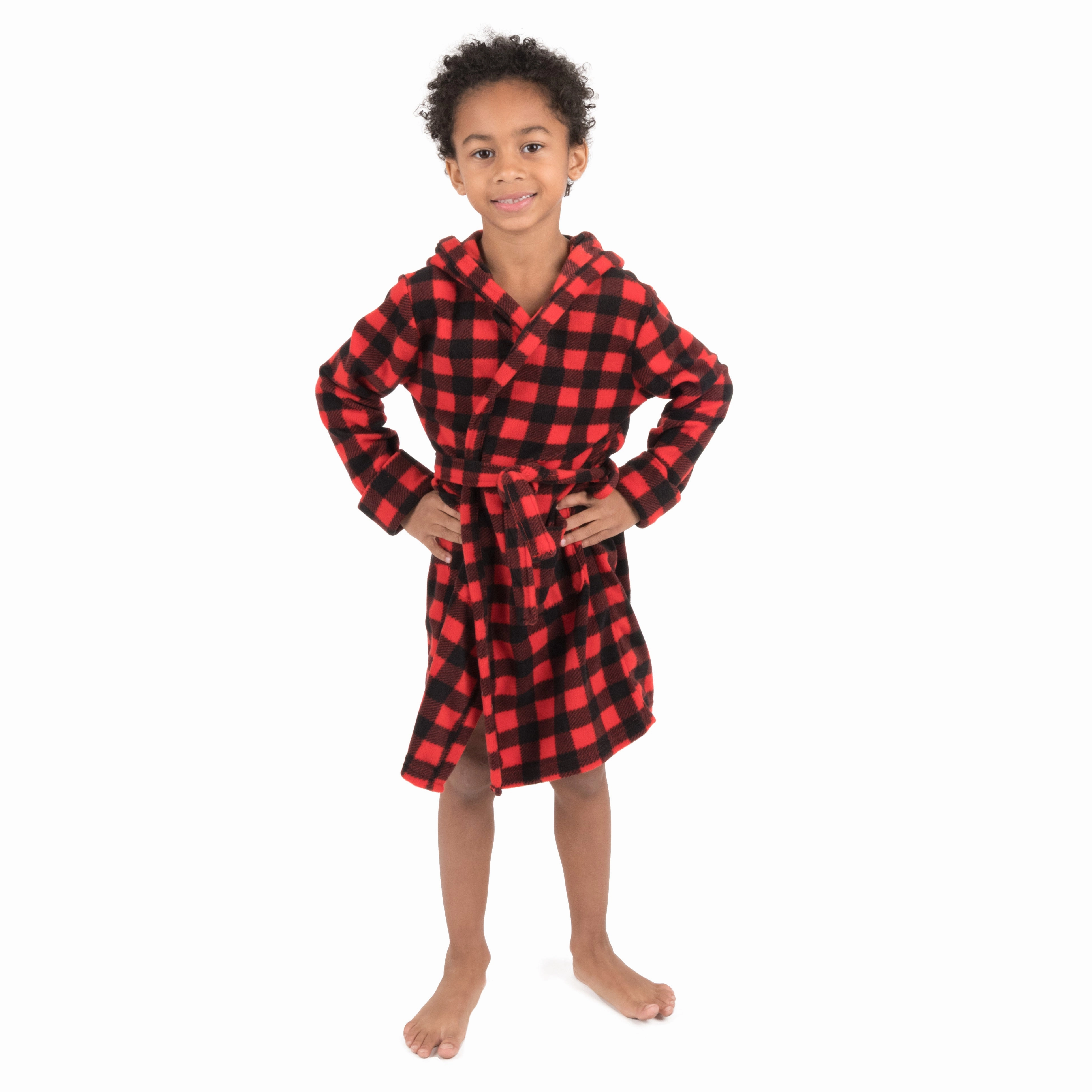 Hidden Stretch Panel Loose Fit Christmas Kids Fleece Hooded Robe Plaid