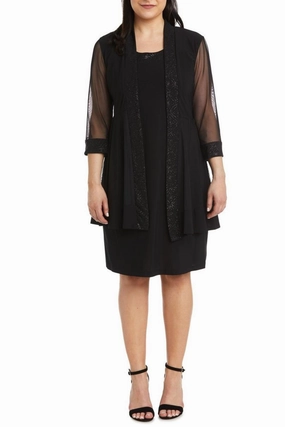 Midweight Knit Shimmery 3/4 Sleeve Jacket & Dress Set In Black