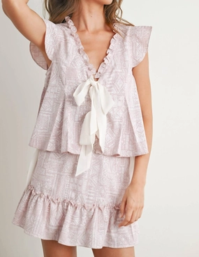 Multi Pocket Design Boho Ruffle Top And Skirt Set In Mauve