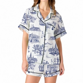 New Orleans Toile Pajama Short Set In Navy Minimalist Style