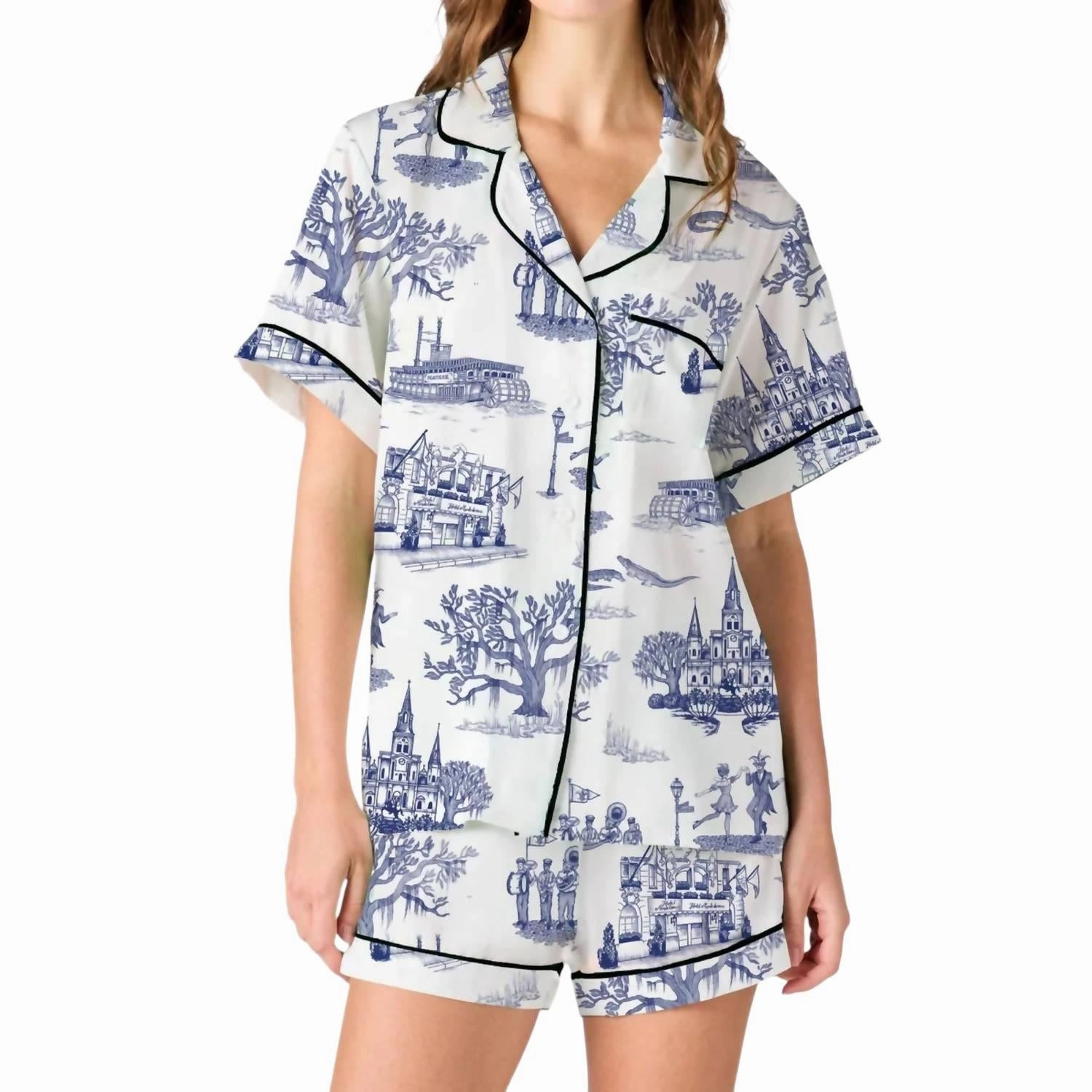 New Orleans Toile Pajama Short Set In Navy Unisex Sizing
