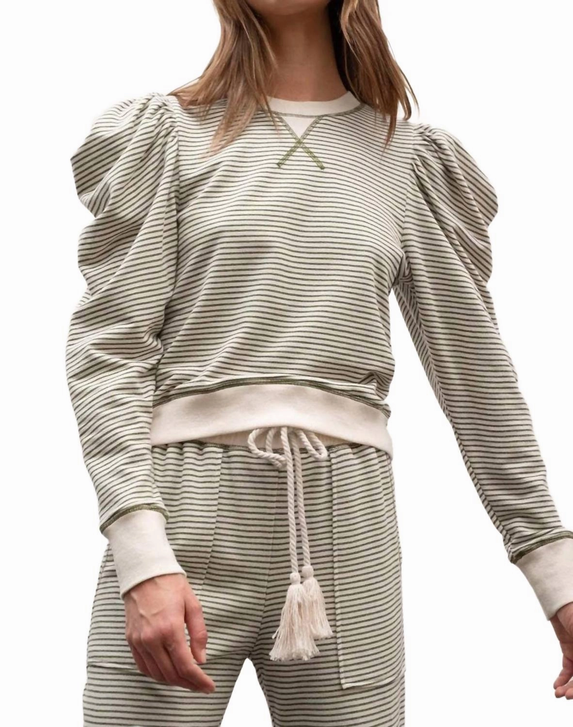 Striped Contrast Lounge Pajama Set In Olive Green Buttery Soft Texture Drop Shoulder Design