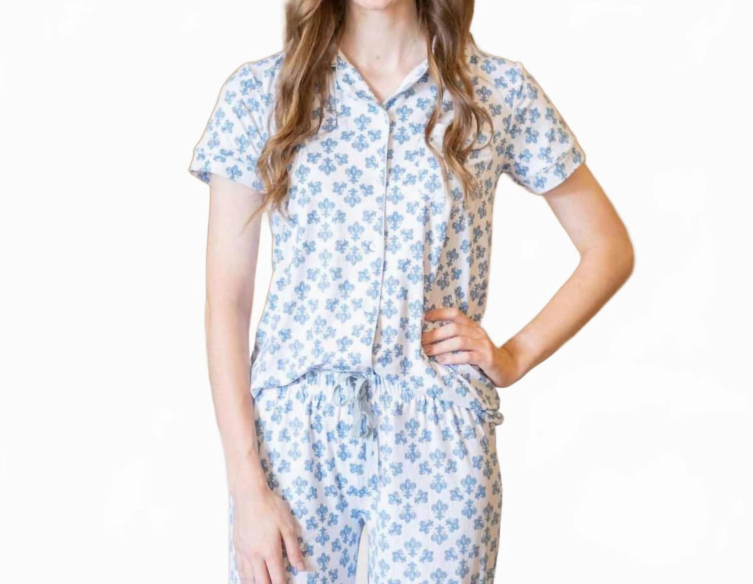 Fleur De Lis Button Up & Short Sets In Blue Zipper Free Design Tencel Blend
