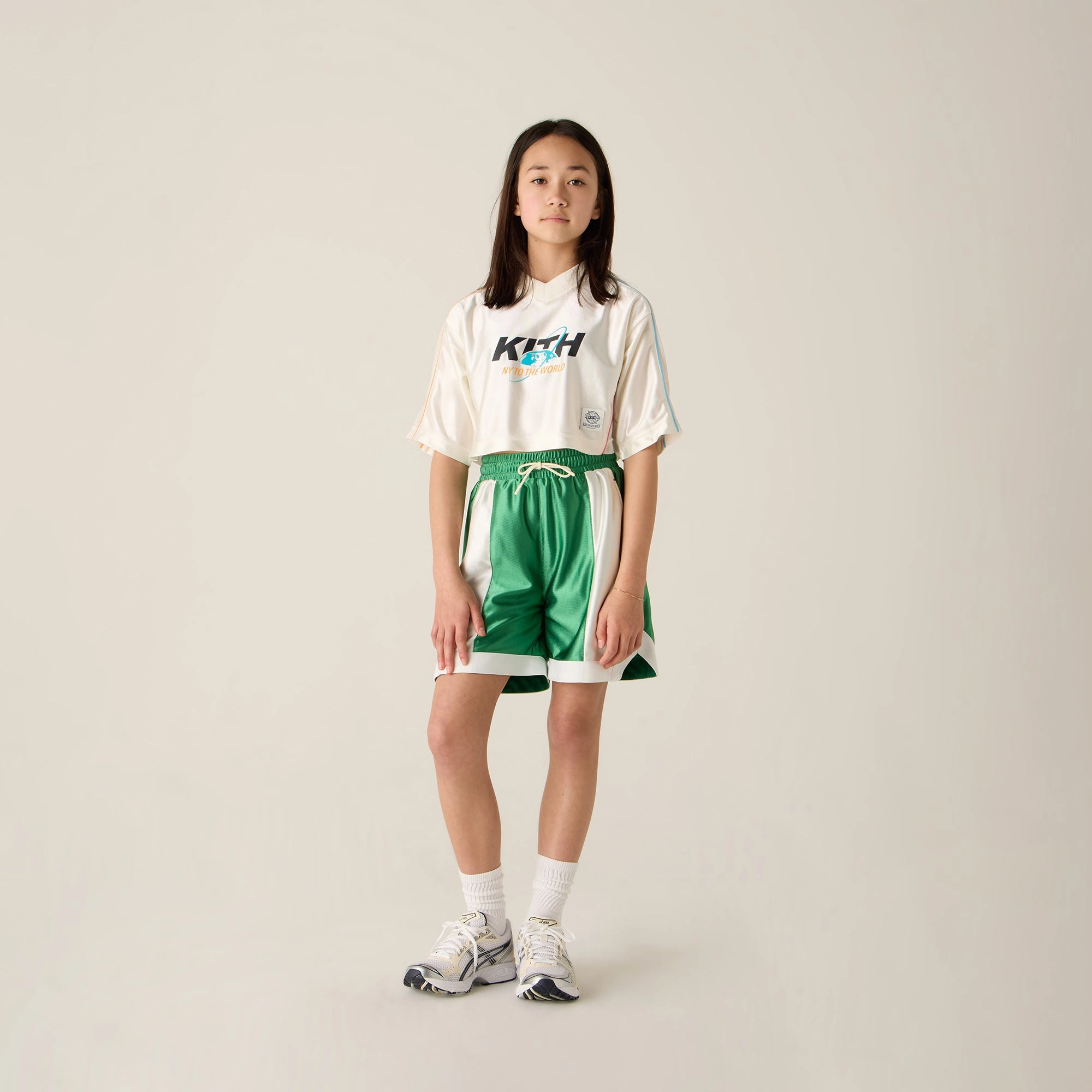 Variable Density Knitting Gripped Hem Technology Kith Kids NY to the World Unisphere Faille Crop Jersey - Sandrift