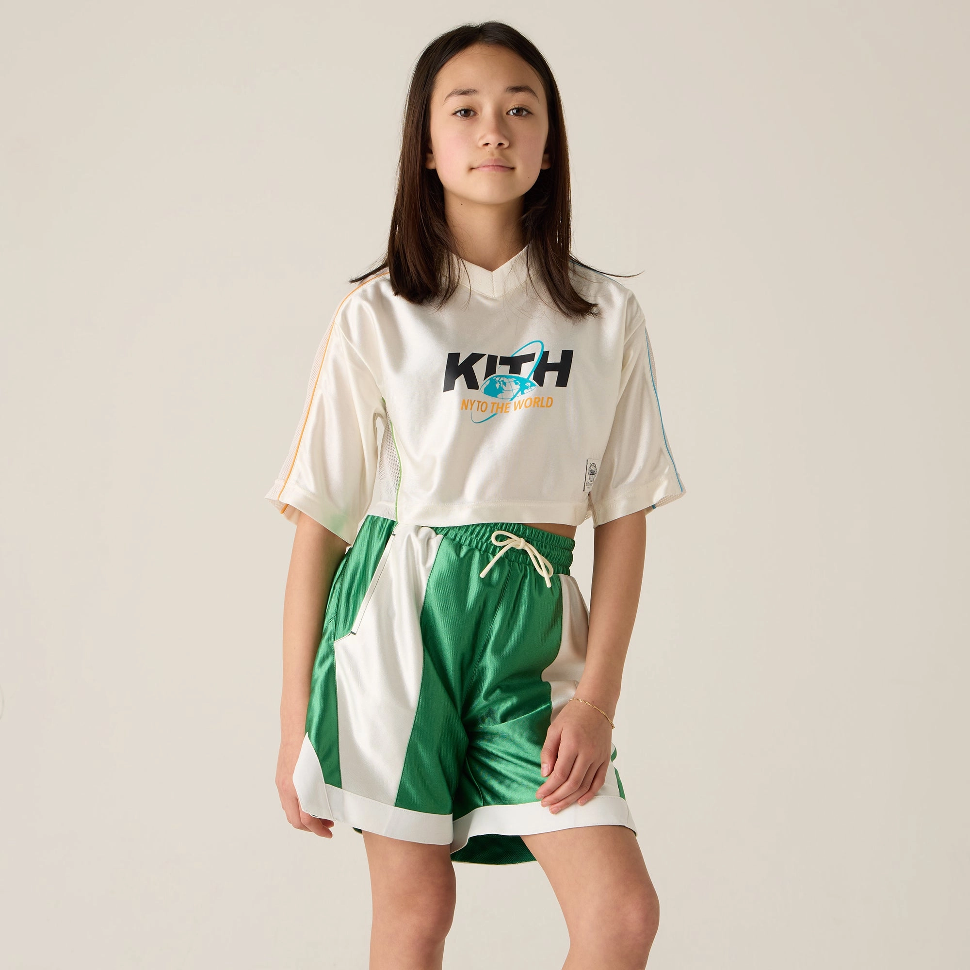 Eco Friendly Fabric Blends Non Chafing Seam Placement Kith Kids NY to the World Unisphere Faille Crop Jersey - Sandrift