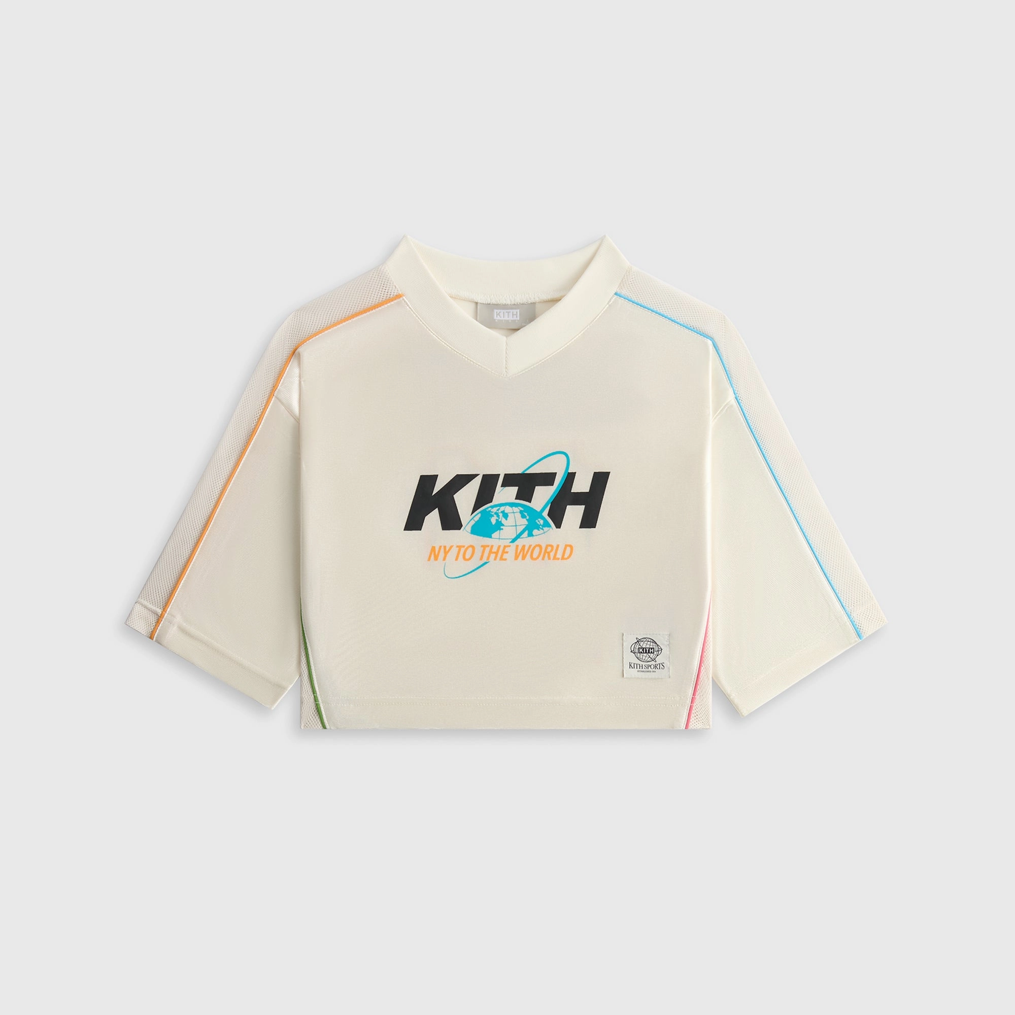 Kith Kids NY to the World Unisphere Faille Crop Jersey - Sandrift Thermal Barrier Interlock Ventilation Mesh Design