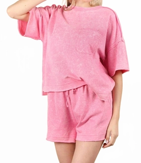 NonIrritating Seam Construction Mineral Washed Comfy Knit Top & Shorts Set In Pink
