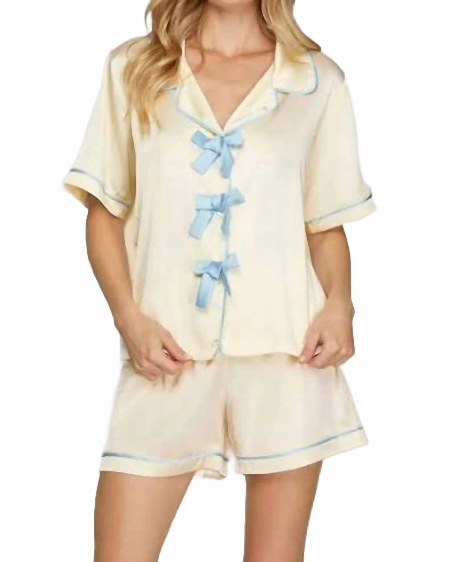 Satin Short Sleeve Pj Set In Cream/blue stain resistant coating