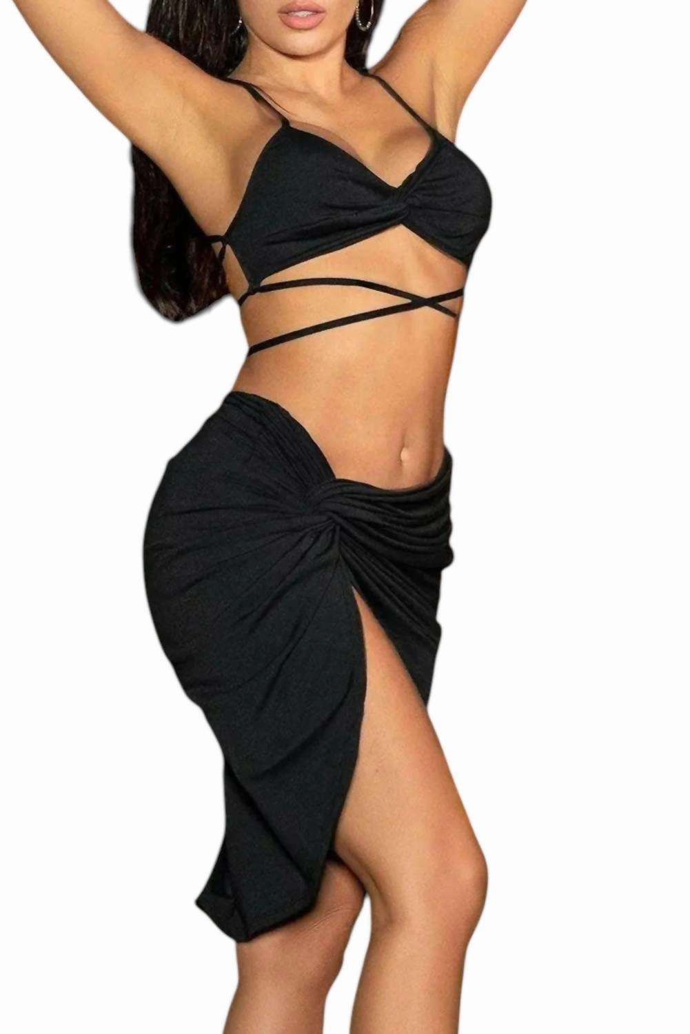 Moisture Wicking Fabric Two Piece Beach Set Dress In Black