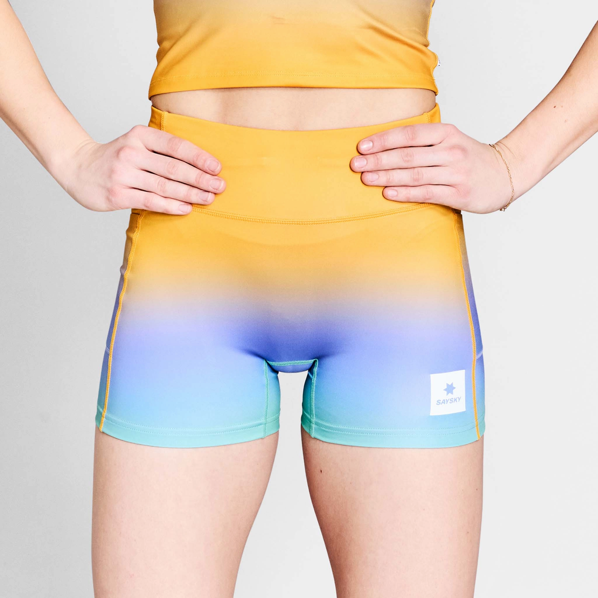 SAYSKY | Women's Drip Dye Combat  Short Tights 4" - Purple AOP Flexible Ribbed Cuffs