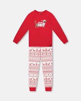 Organic Cotton Two-Piece Pajama Set Red and White Fairisle Non Irritating Seams