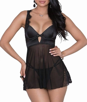 Padded Cup Babydoll Set In Black Minimalist Design DoubleStitched Hems