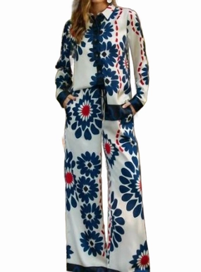Floral Co-Ord Long Sleeve Button Down Shirt In Ivory   Navy Odor Control Technology WrinkleResistant Fabric