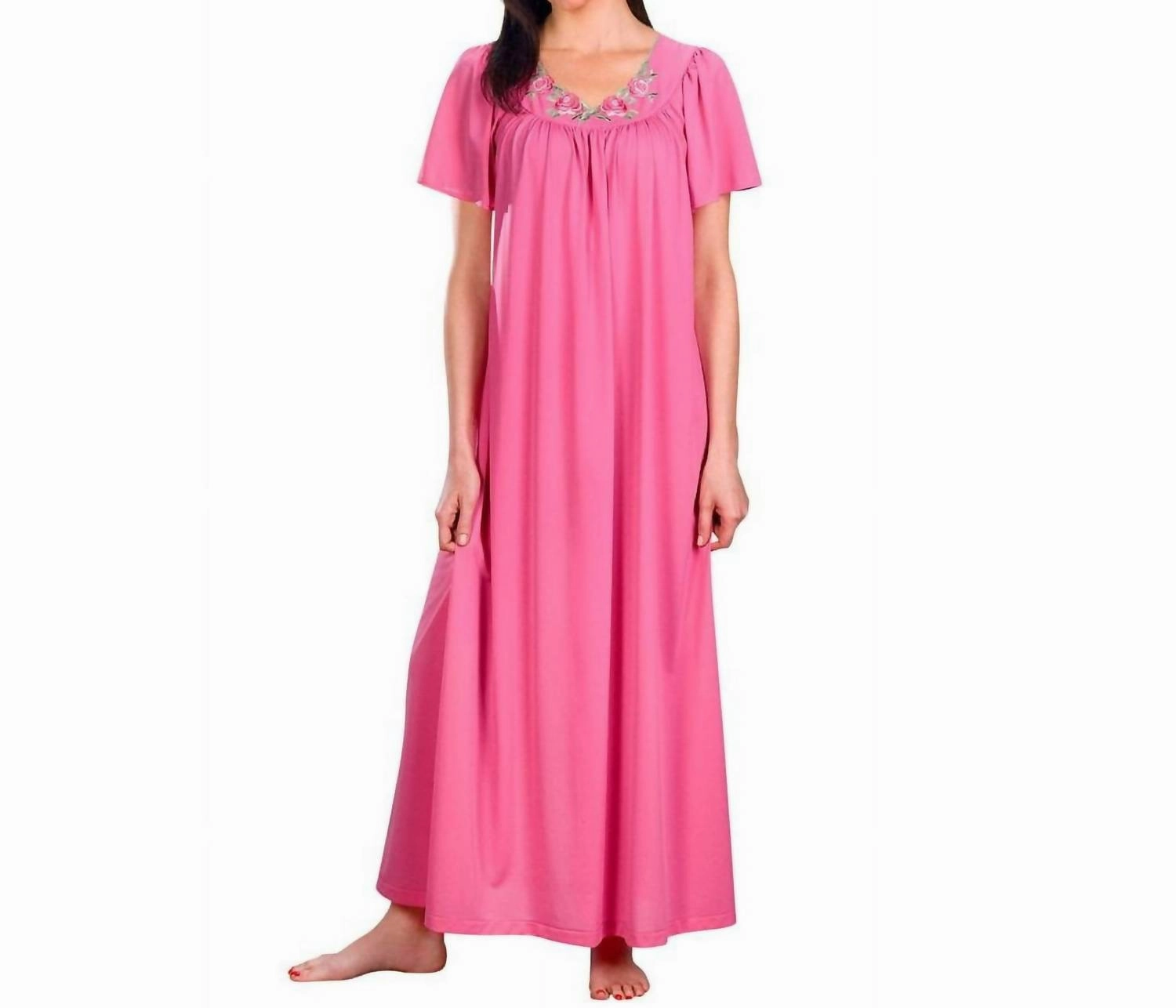 Flower Petal Embroidery And Flutter Sleeves Long Nightgown In Rosey Pink NoRoll Waistband Design Hidden Stretch Panel