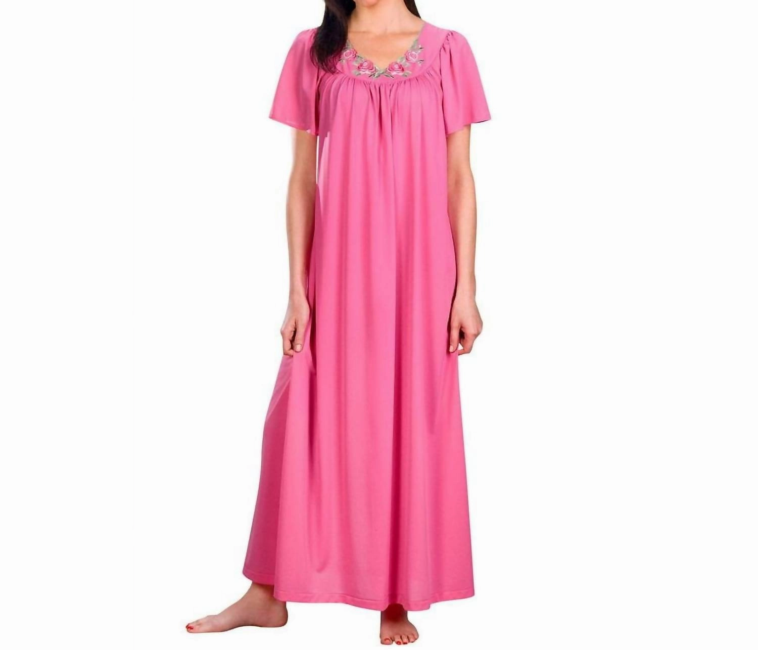 Tagless Design DoubleLayered Knee Patch Flower Petal Embroidery And Flutter Sleeves Long Nightgown In Rosey Pink