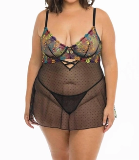 Isla Embroidered Babydoll -Plus In Black Soft Jersey Knit Crew Neckline