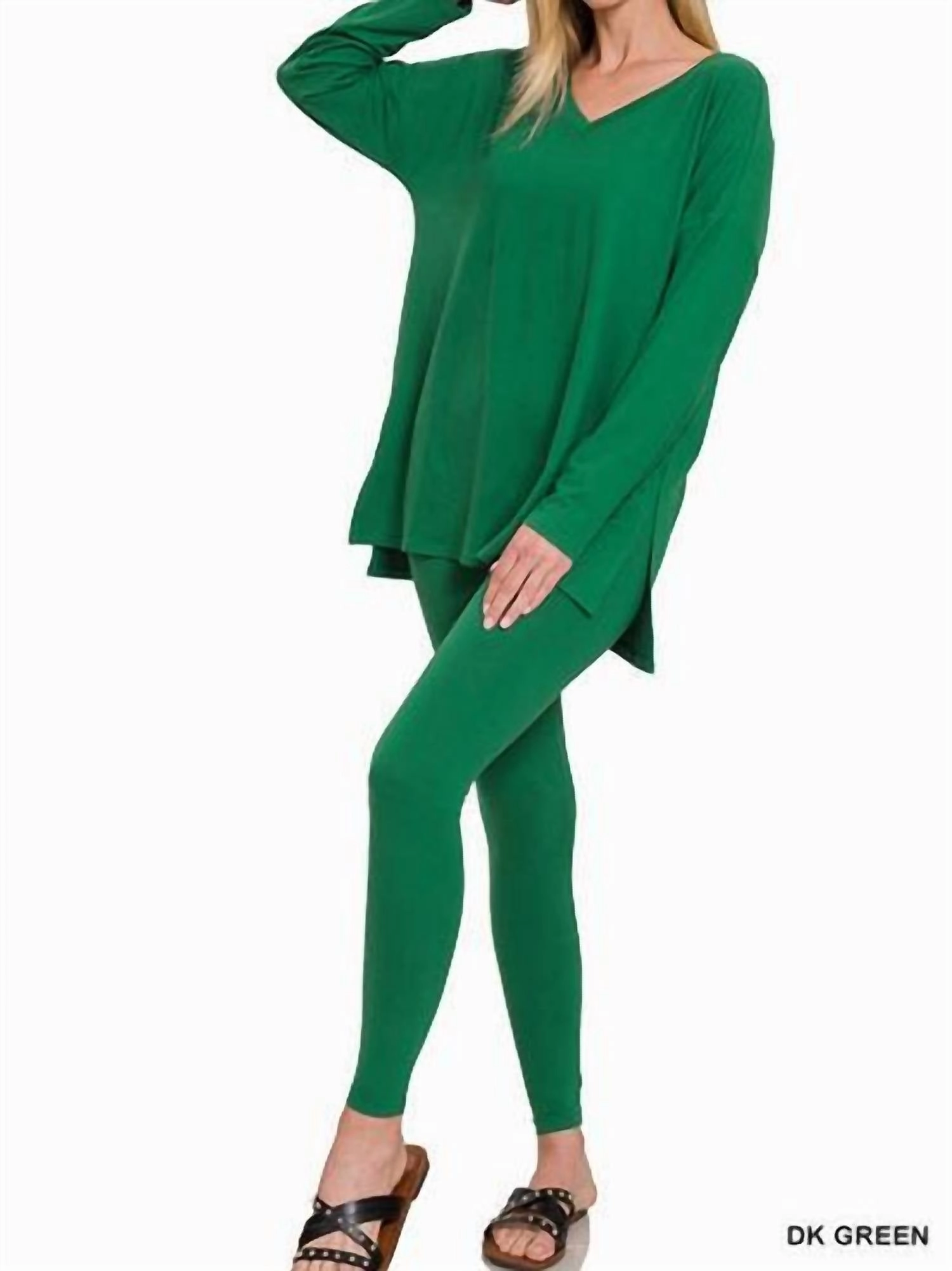 V Neck Lounge Sets In Dark Green Skin Friendly Seams Non Irritating Seams