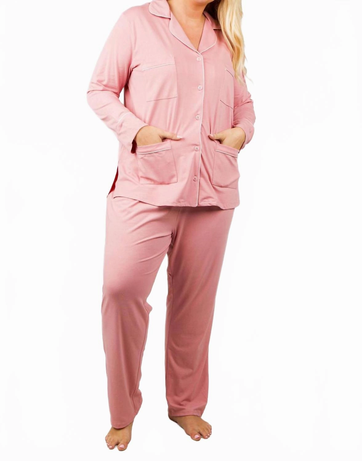 Plush Inner Layer Lightweight Construction Four Pocket Cotton Pajamas - Plus In Pink