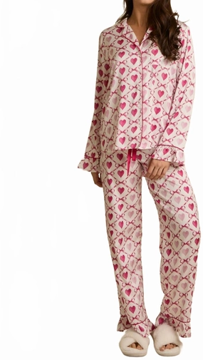 Hearts Print Pajama In Pink/white Abrasion Resistant Edges Thermal Insulation Layer