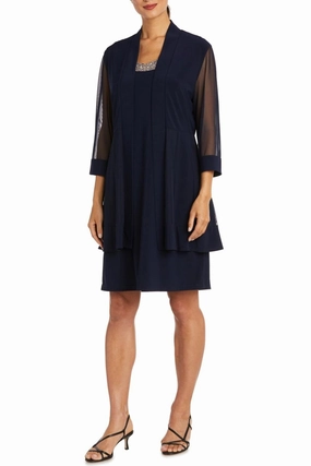 3/4 Sleeve Embellished Jacket & Dress Set In Navy OdorResistant Treatment